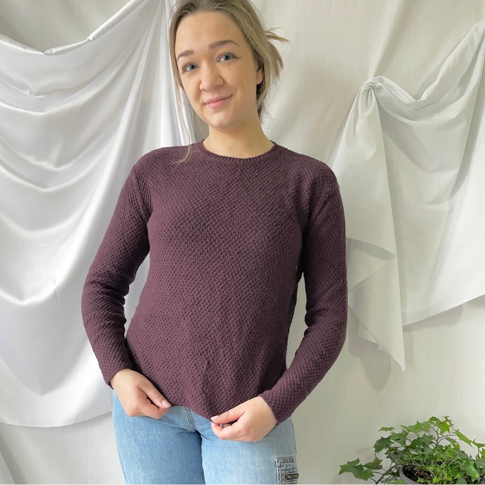 Plum Purple Small Texture Semi Fitted Round Hem Sweater - X-Small